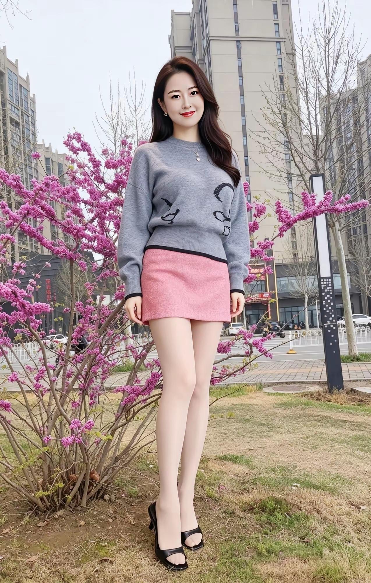 春日穿搭指南：粉色短裙+灰色毛衣，元气满满！