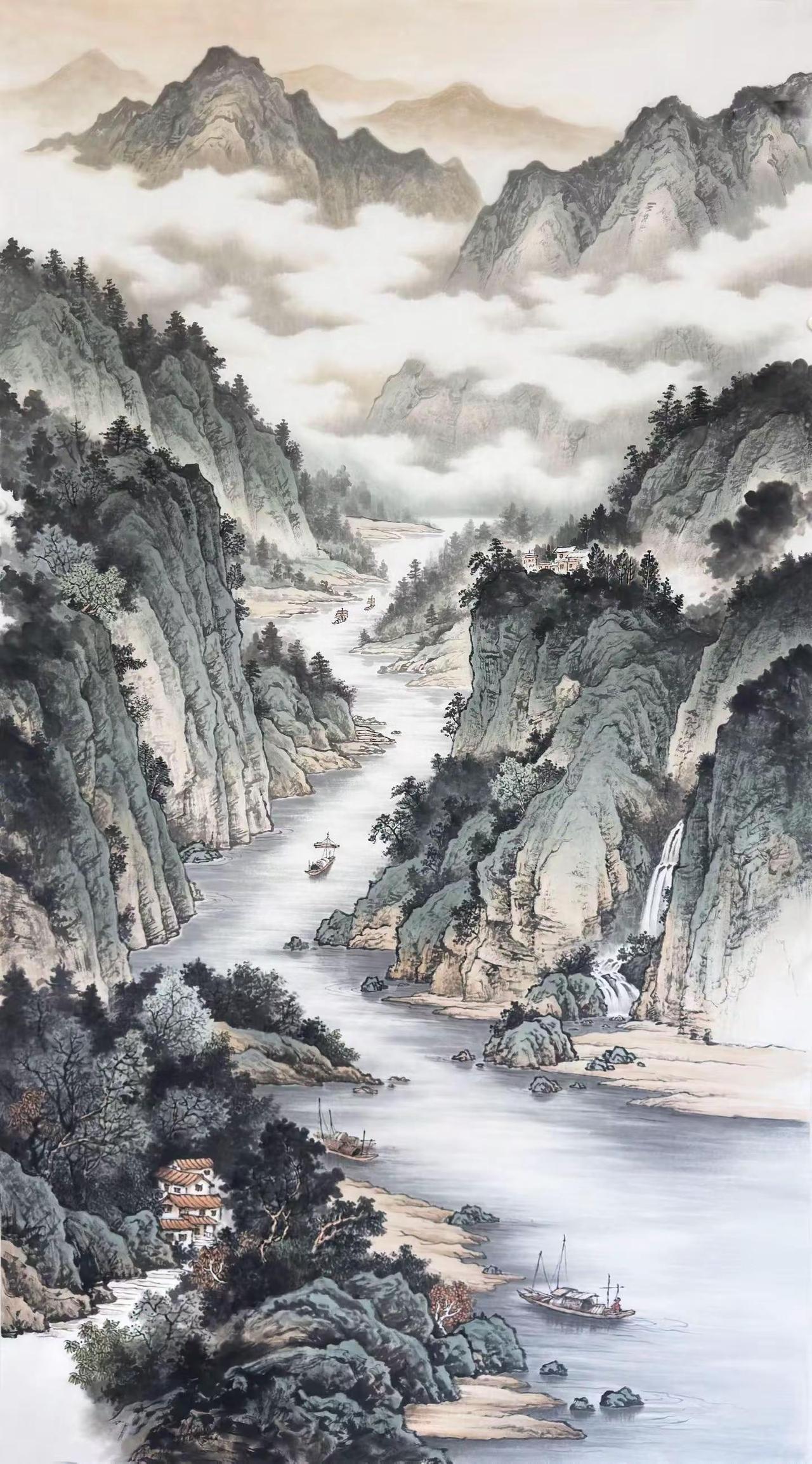 《千里江峡入云烟》水墨山水创作者中心创作灵感山水写意传统国画山水水墨山水