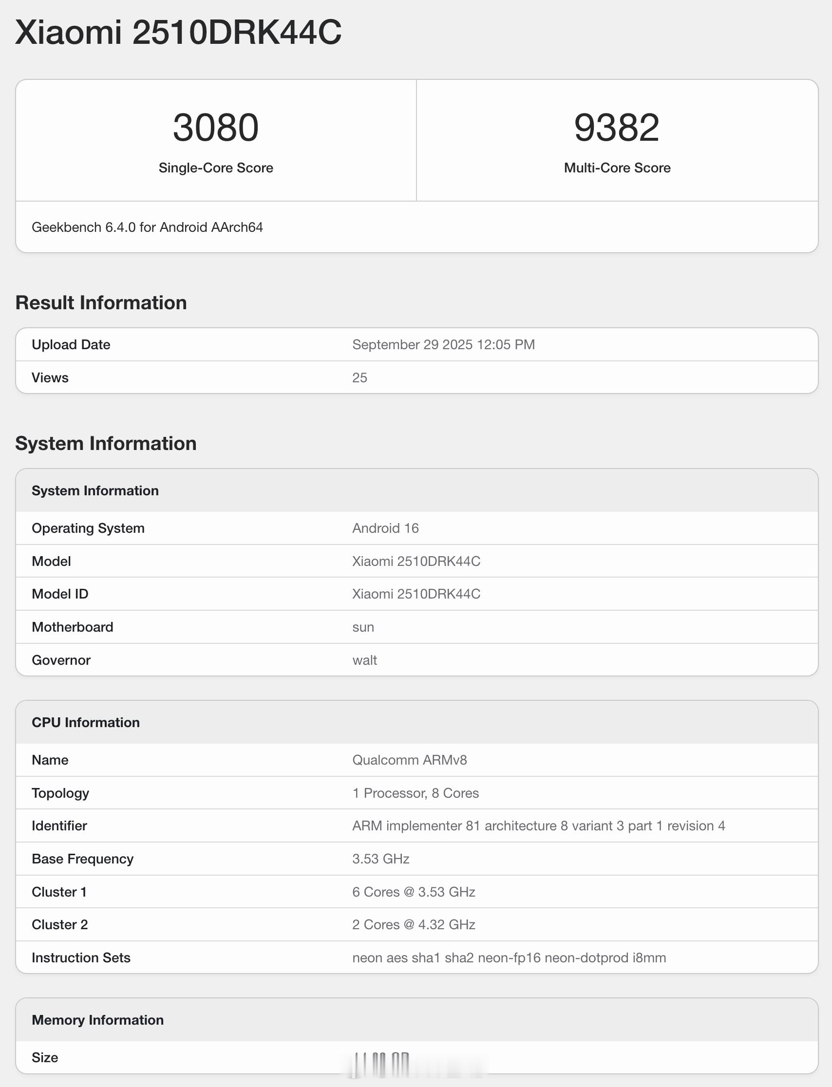 REDMIK90标准版也登上了Geekbench官网，型号2510DR