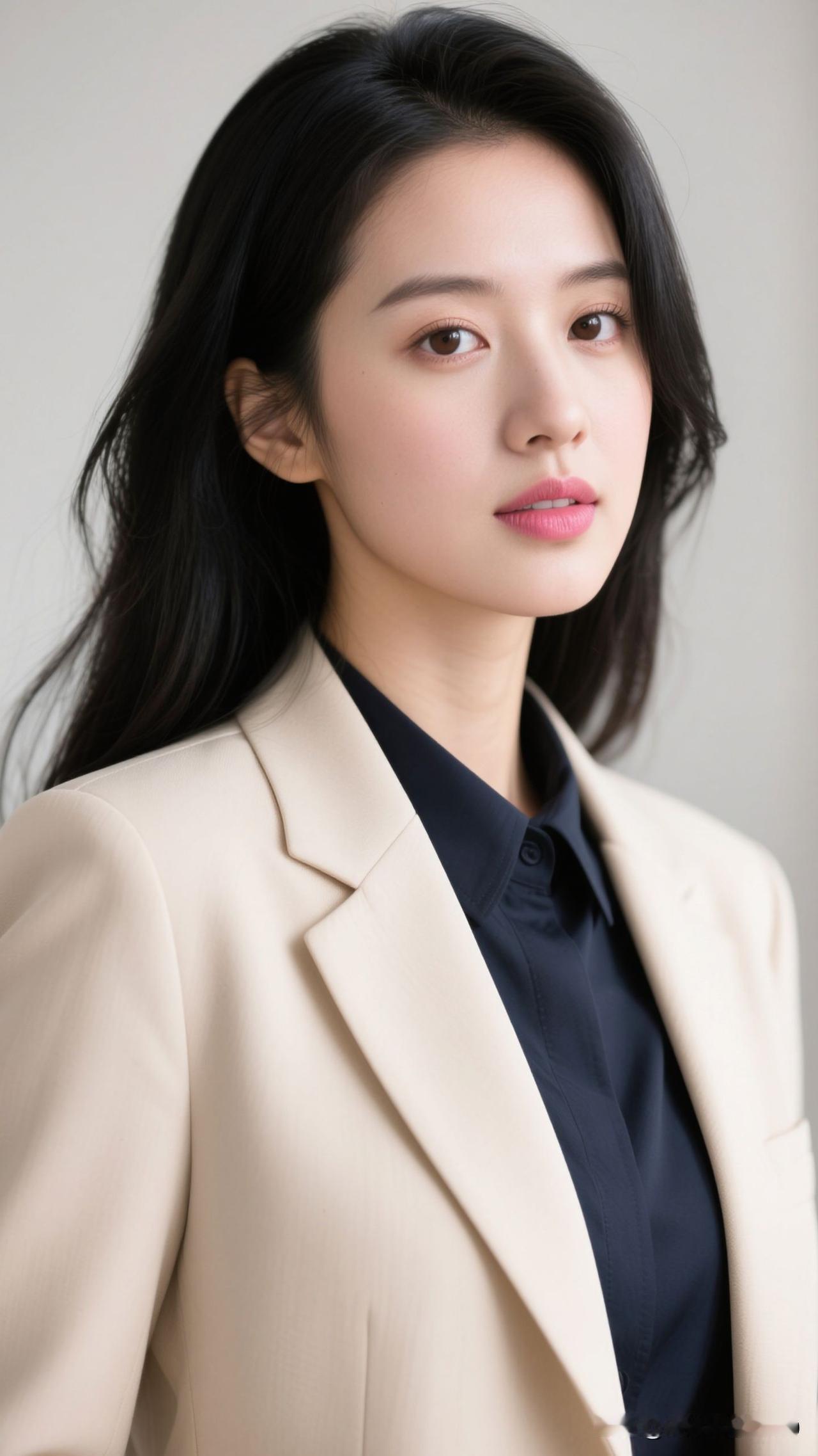 💫都市为幕，米西装是裁下的云，黑衬衫是凝住的夜，她一笑，就把职场的优雅酿成了