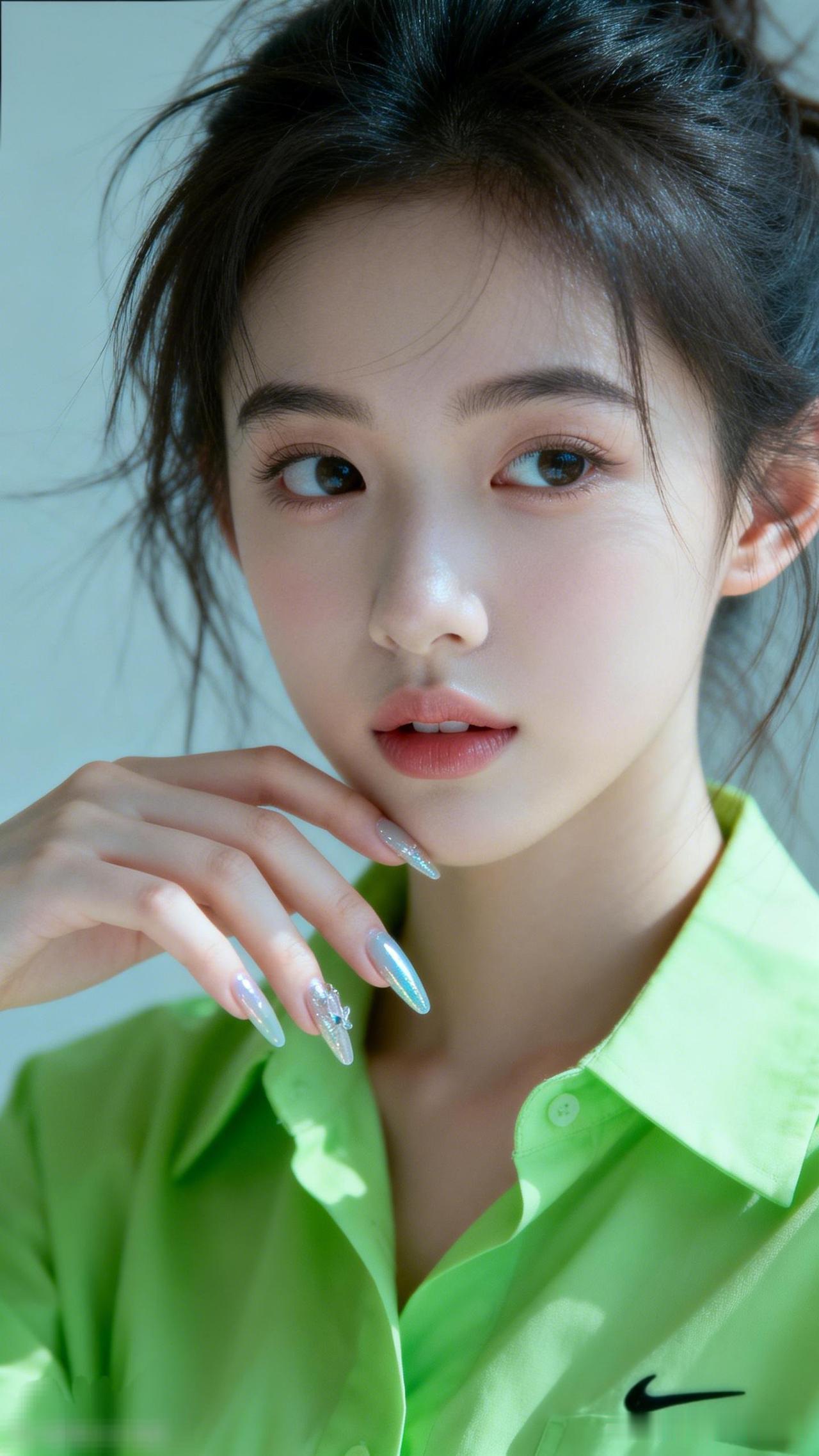 清新少女风，嫩绿衬衫搭配自然妆容，温柔可人！💚🌸