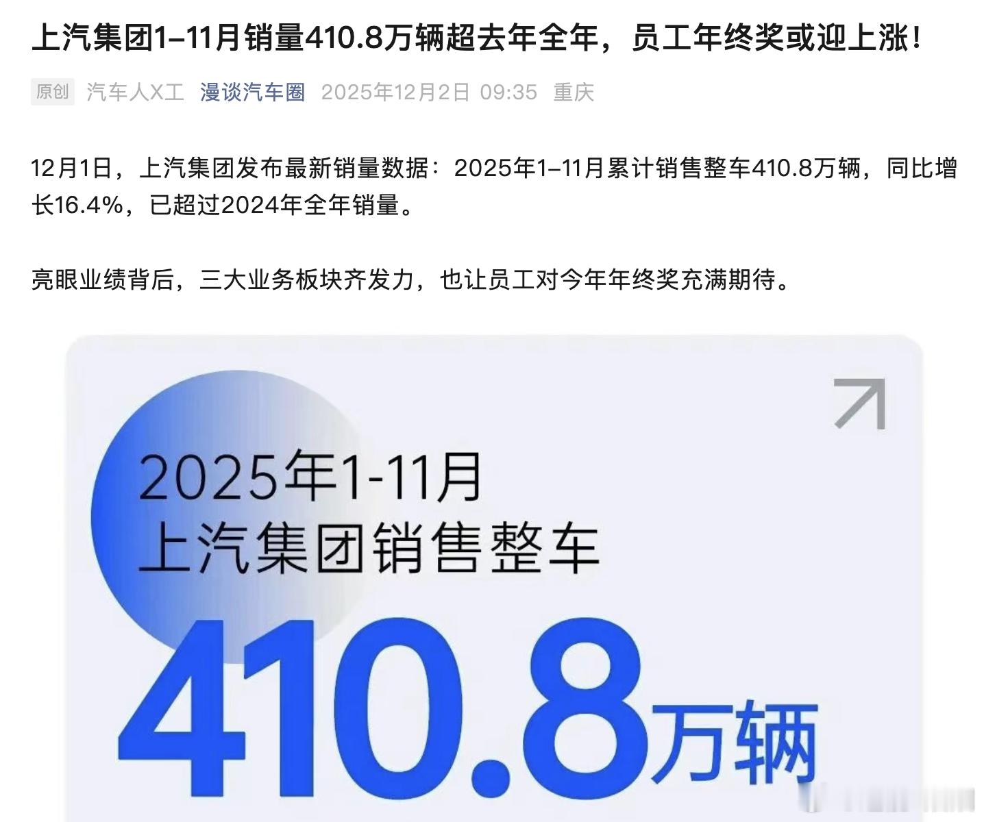 恭喜在上汽的朋友们，你们要涨年终奖了！大V聊车新能源汽车
