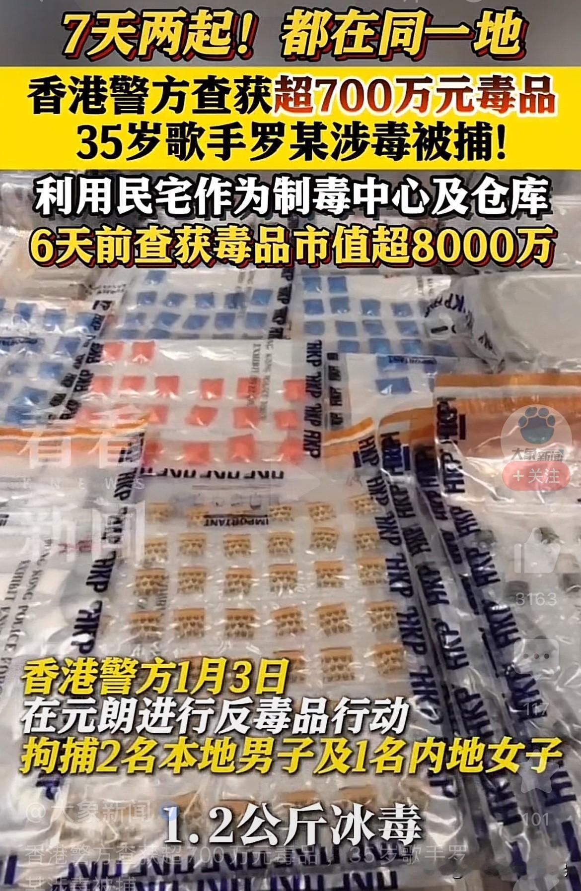 香港警方1月3日查获超700万毒品涉案人员是香港35岁歌手罗某1月4号在罗