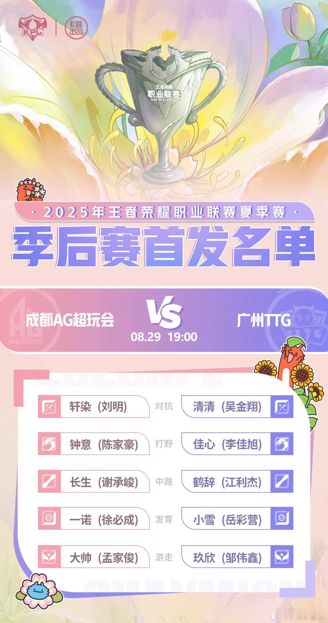 AG对战TTG｜今日首发名单解说席：瓶子子阳北岛主持人&Surprise嘉