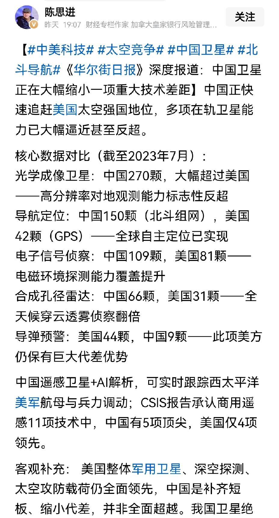 【美媒称中美卫星技术差距大幅缩小，各有领先领域】美媒称，中美各类卫星技术的差距已