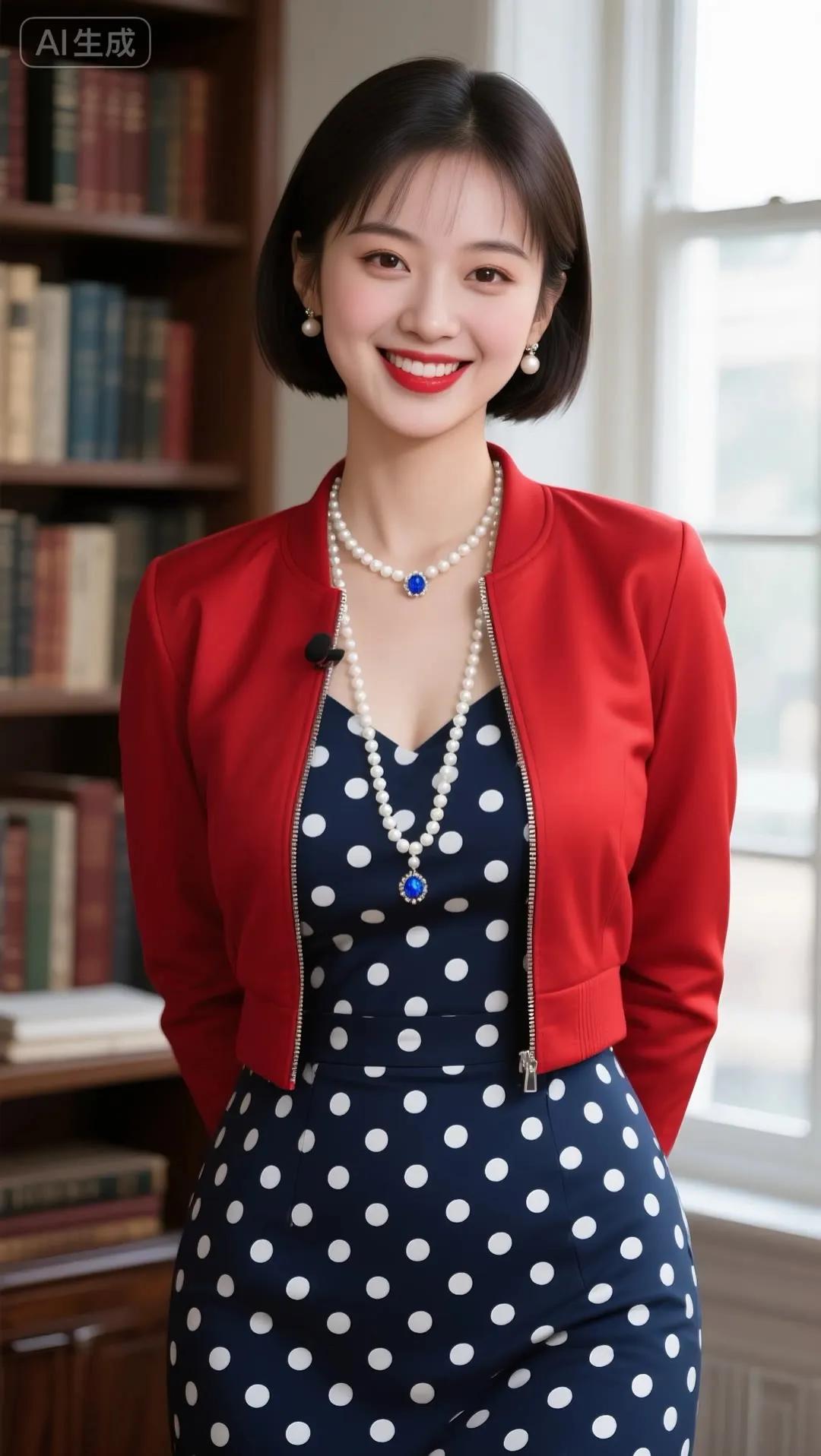 优雅红衣搭配蓝点裙，书香气息扑面而来！📚✨