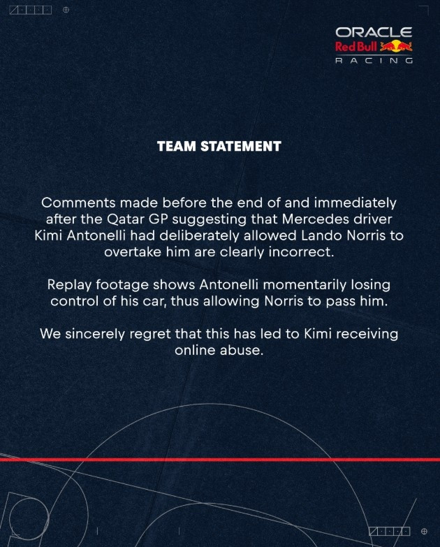 红牛官方声明: 关于安东内利故意让诺里斯超越的言论是错误的