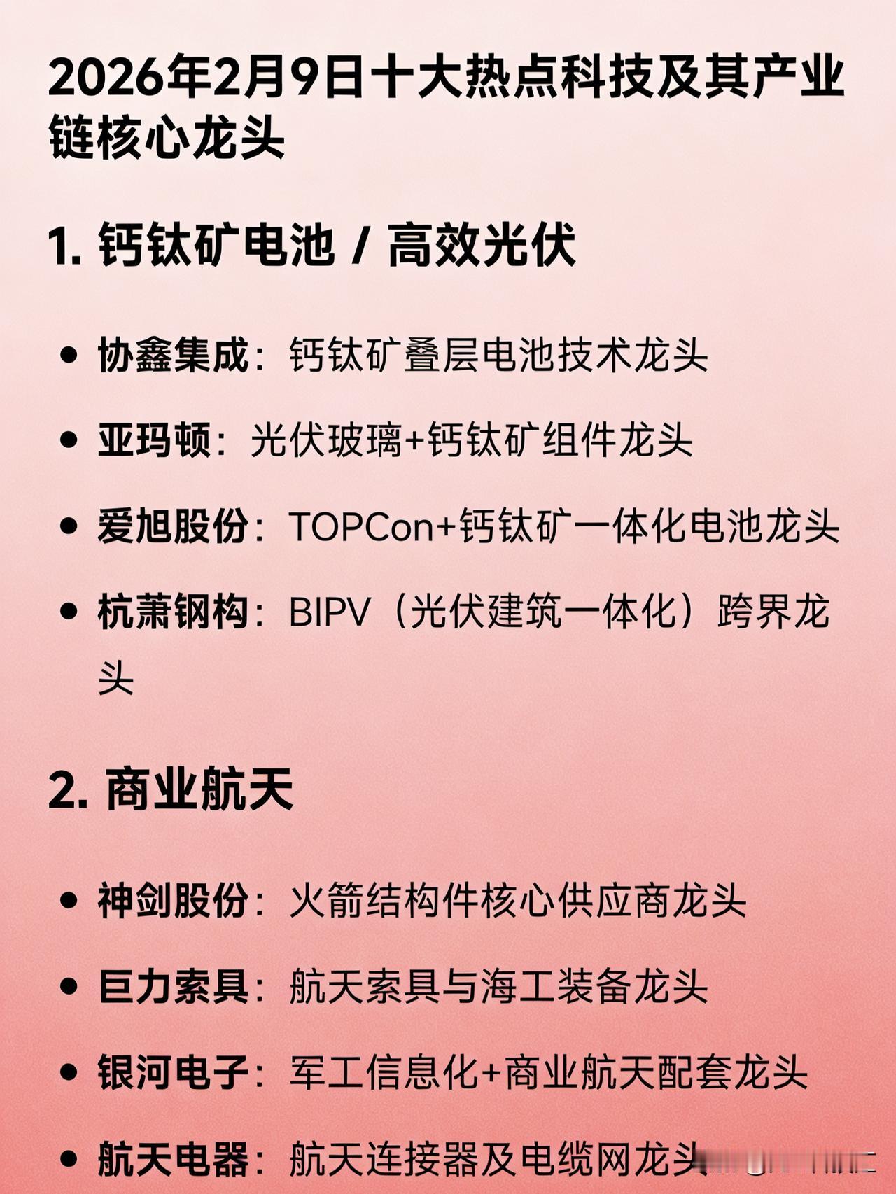 2026年2月9日十大热点科技及其产业链核心龙头1.钙钛矿电池/高效光