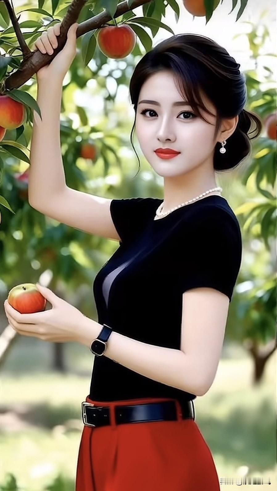 甜美少女在果园摘苹果，清新自然，笑靥如花！🍎🌸田园采果少女苹果少女自拍水