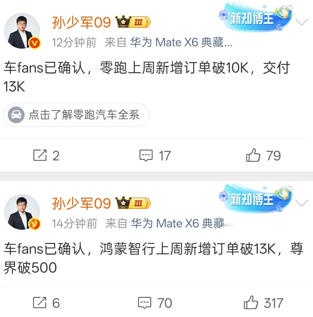 上周订单情况下，来自鸿蒙智行（不含H5）：13K零跑：10K好奇第三名会是谁？[