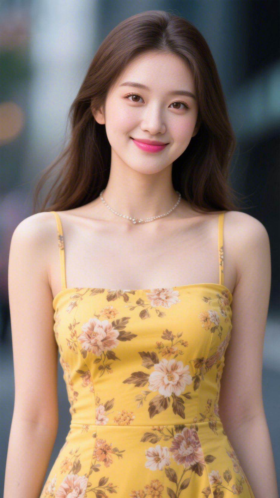 黄裙携花遇街光巷口的风裹着软意漫过时，她正立在浅光里浅笑。明黄裙身缀