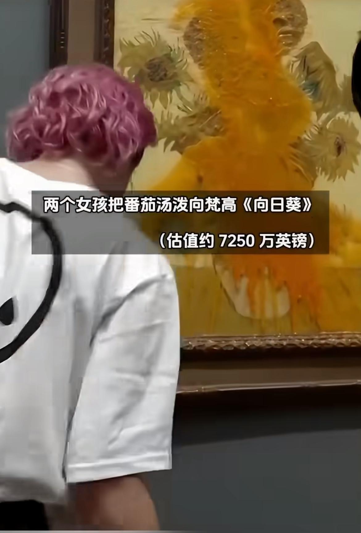 两个白人用番茄酱破坏梵高的画《向日葵》这幅画的价值约7250万英镑，随后两人用胶