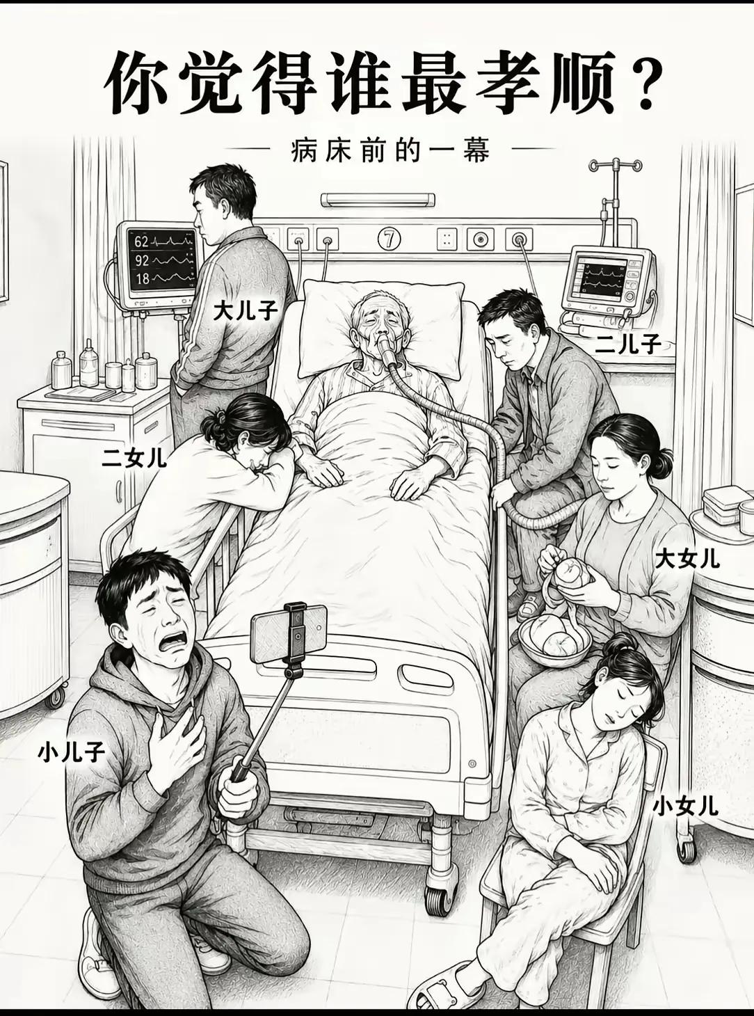 病床前的演技大赏！有人哭得撕心裂肺，有人睡得天昏地暗，到底谁才是真孝顺？