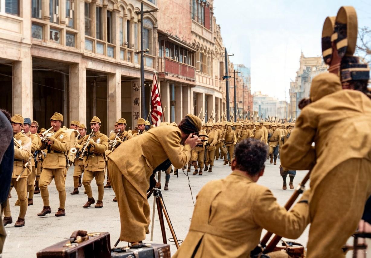 淞沪会战之后，占领上海的鬼子兵举着旭日旗、耀武扬威地通过上海闹市区。路边的一