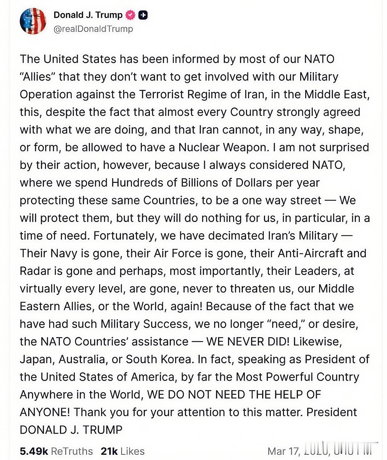 就在昨天特朗普正式宣布分手！当地时间3月17日，特朗普在其社交平台“真实社交