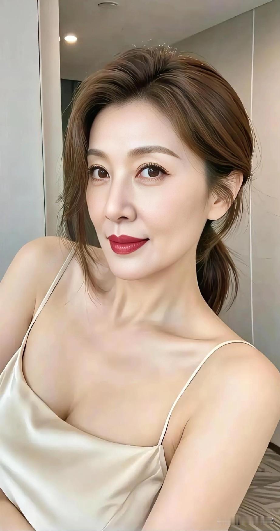 缎光吻肩颈，米白裹温柔。发梢垂静雅，朱唇点从容。室内藏清辉，气质自生香。