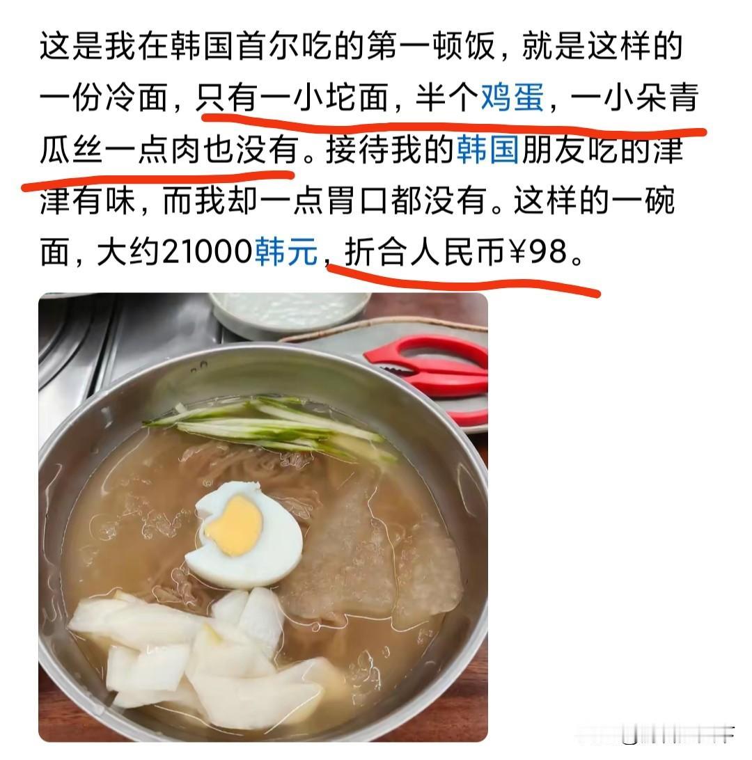 有网友在首尔吃了一顿人民币98块钱的面，一小坨面，半个鸡蛋，几片儿瓜。他吃着没
