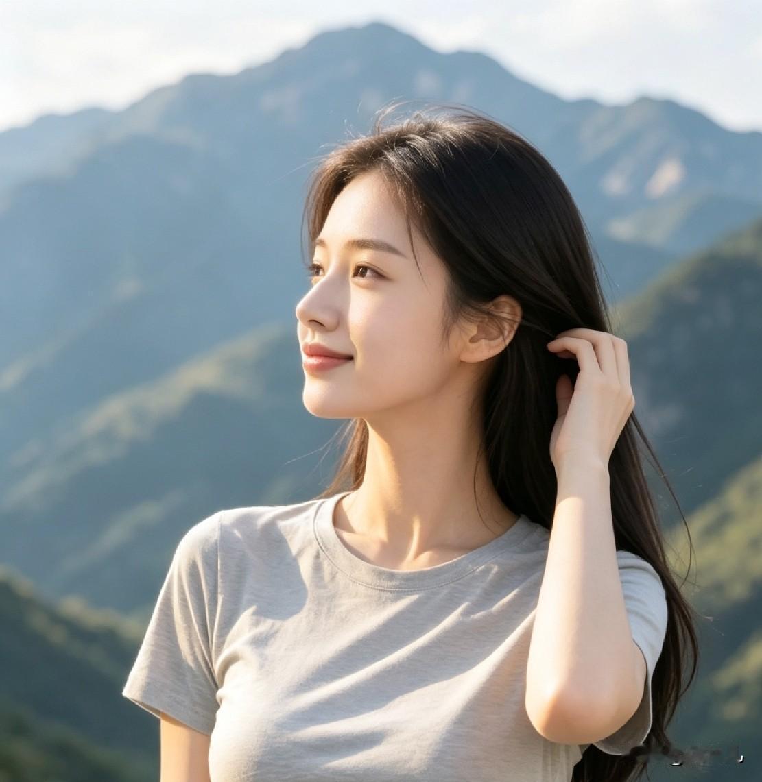 沐浴着暖阳，立于青翠群山前。微风携来草木香，轻抚发丝。侧颜含笑，目光越过层峦