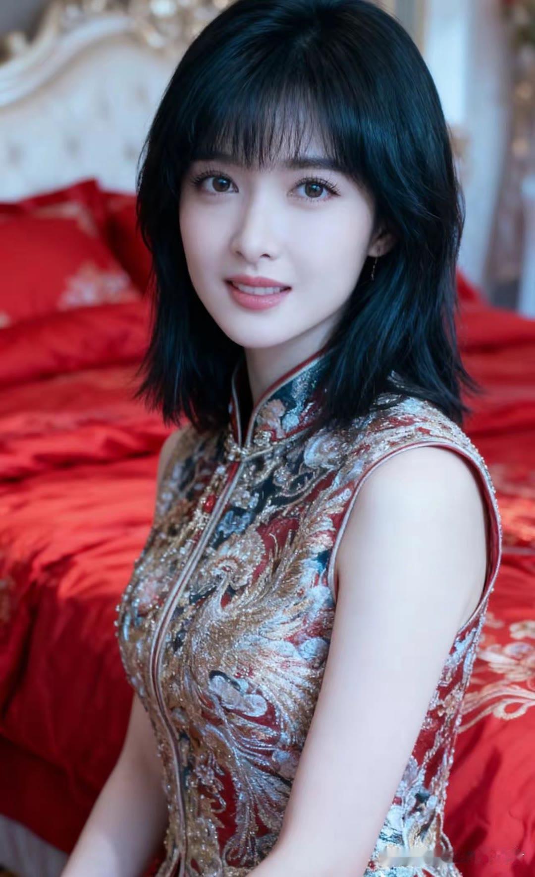 优雅黑发少女，红床背景，古典旗袍，甜美笑容。