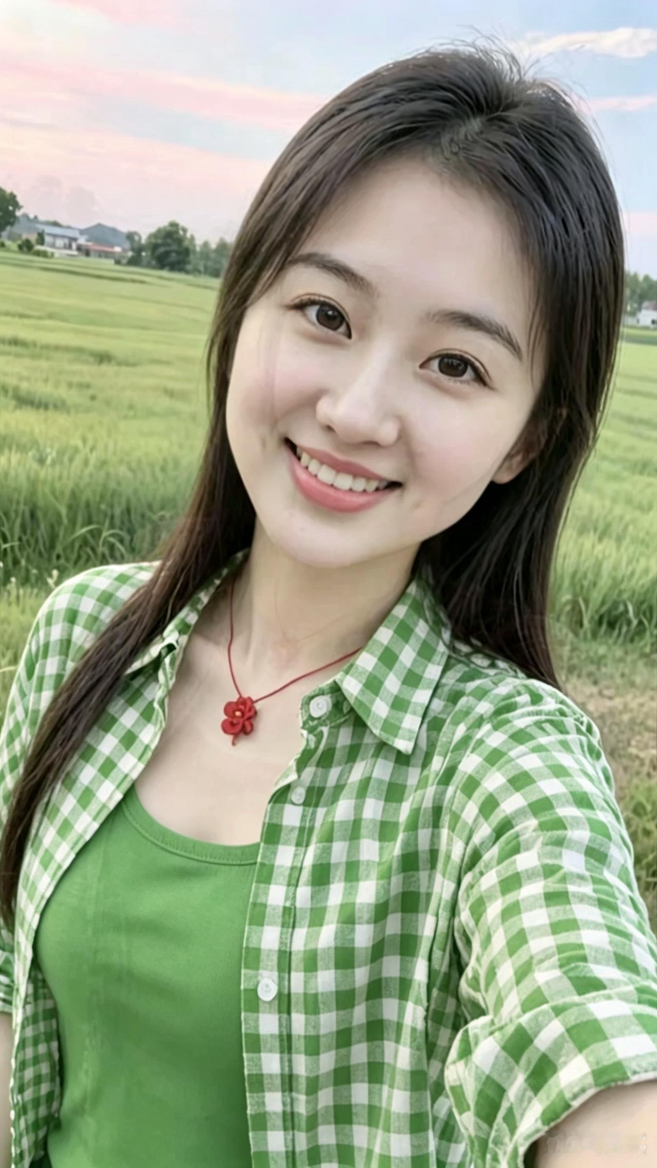 乡野俏姑娘绿野平川望远方，农家姑娘笑意扬。长发飘飘模样靓，格子衣衫透