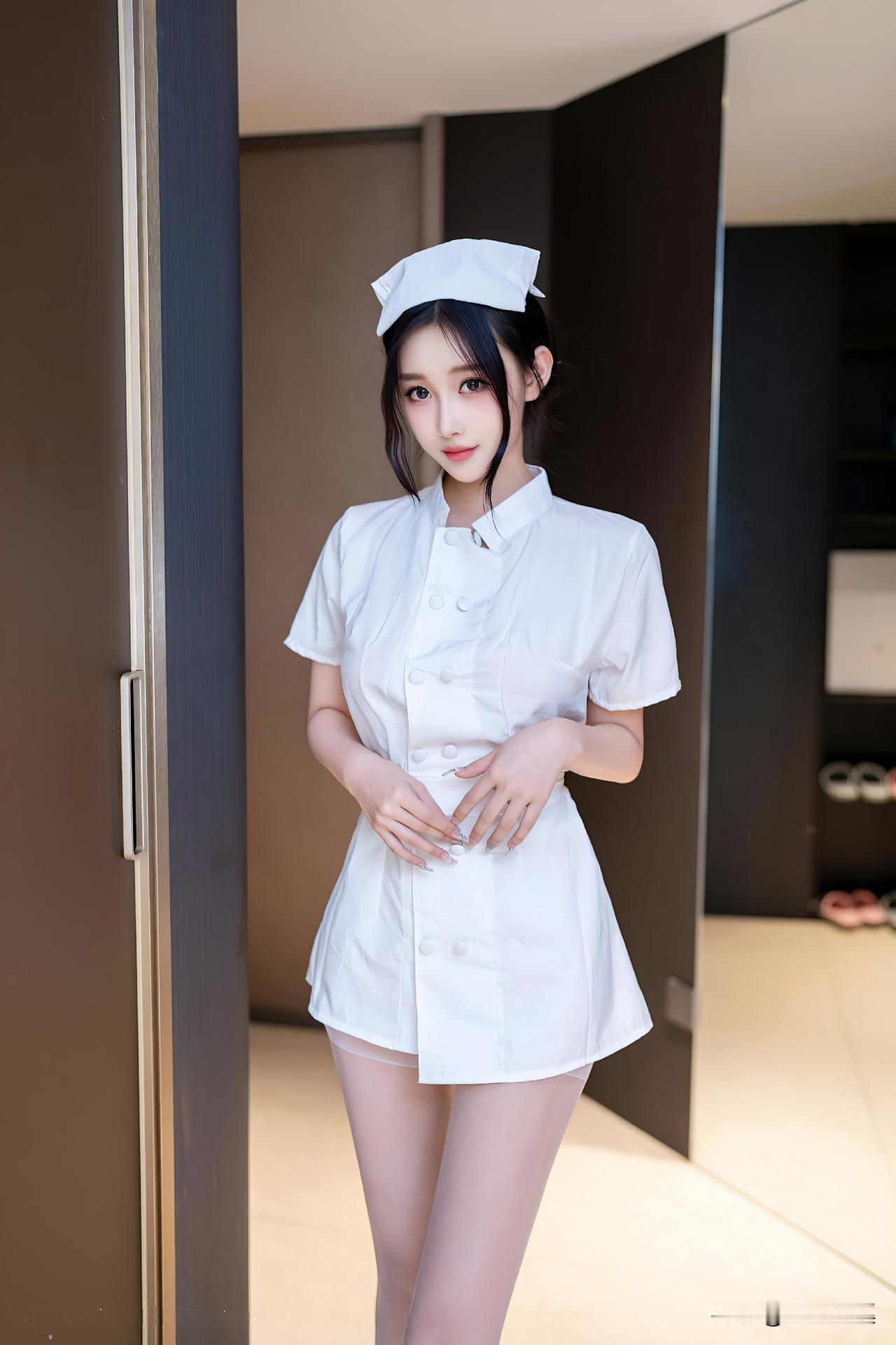 白帽轻压鬓边软，护士裙裁腿弯柔——浅丝裹住光的暖，是指尖抵唇那刻，漫开的甜。