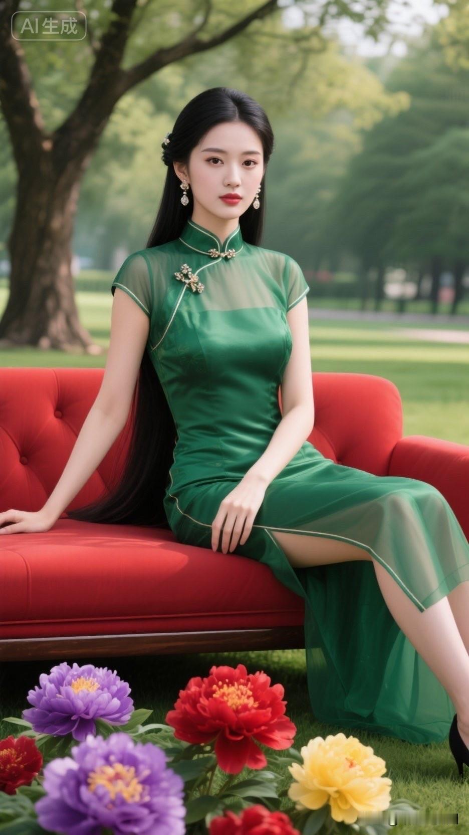 优雅旗袍，绿意盎然，公园里的时尚之选