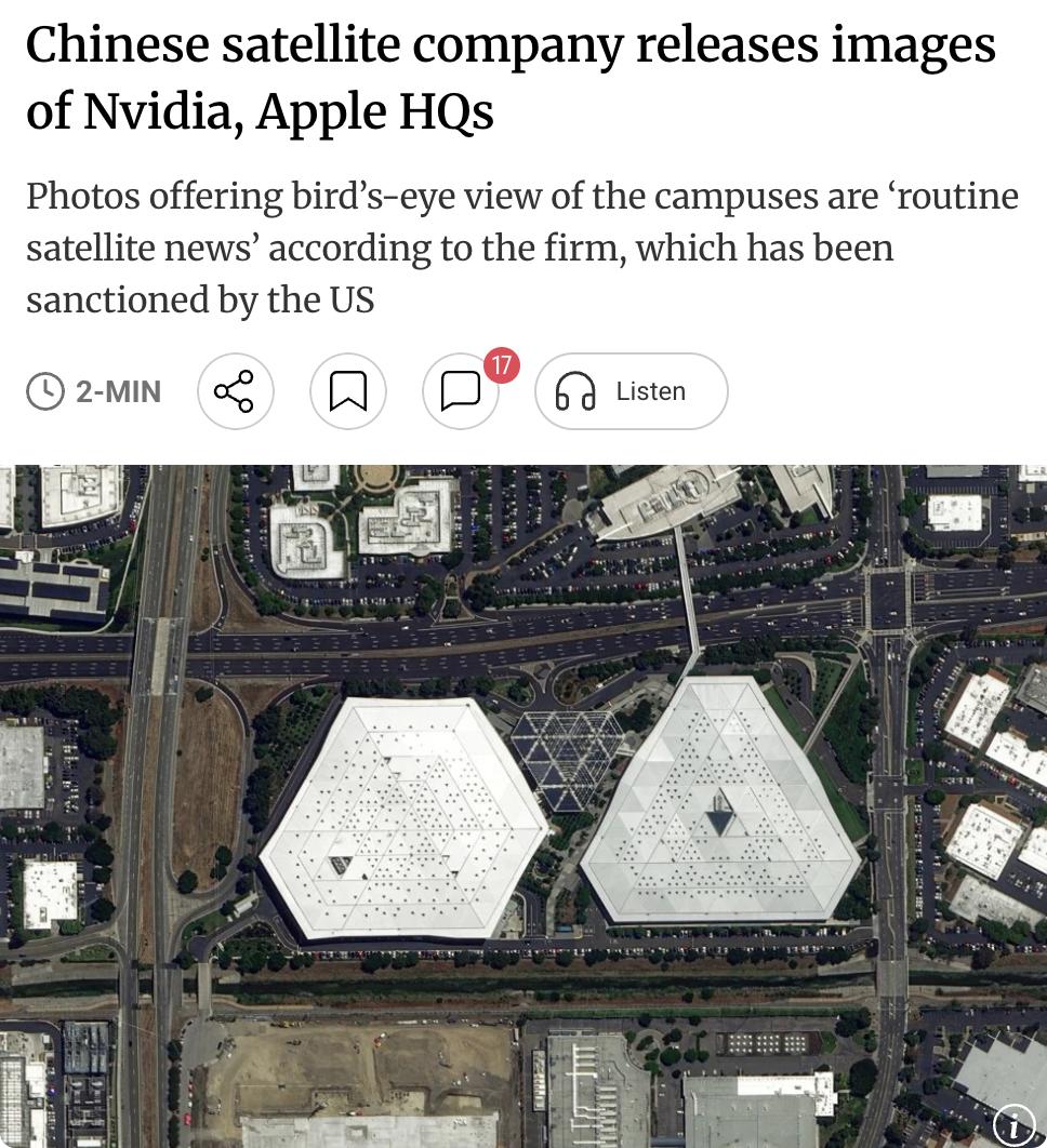外媒：中国长光卫星公司，近日在社交媒体发布了一组硅谷高清卫星图像，其中包括英伟达