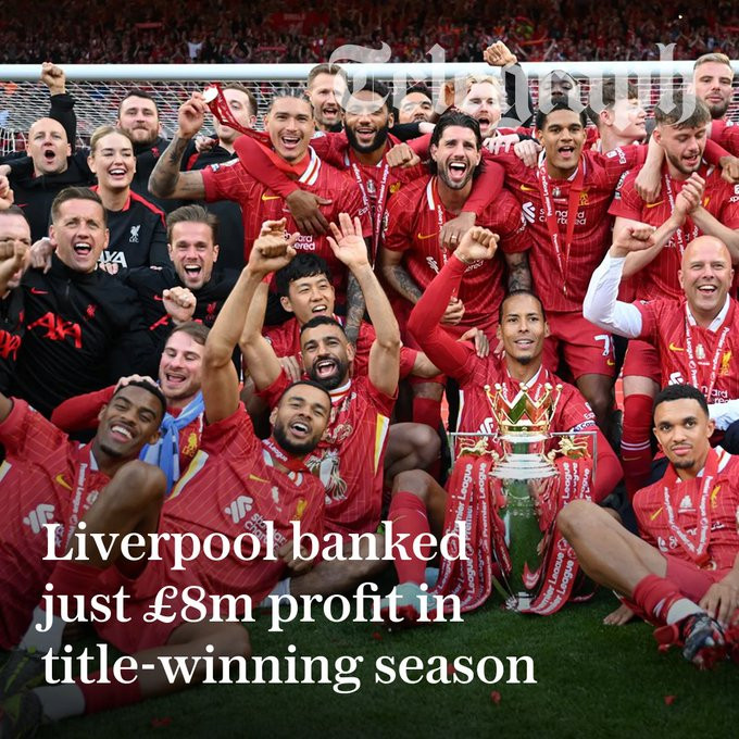 电讯报：利物浦上赛季夺得英超冠军，但利润仅为800万英镑。母公司芬威体育集团的