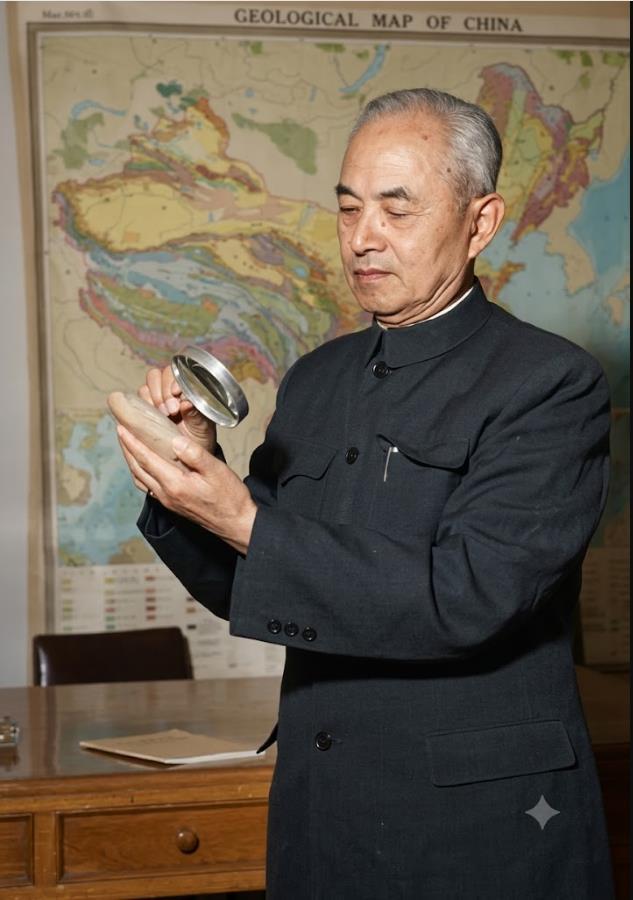 20世纪60年代，李四光已至老年，头发花白，身着中山装，上衣口袋插着钢笔，装束朴