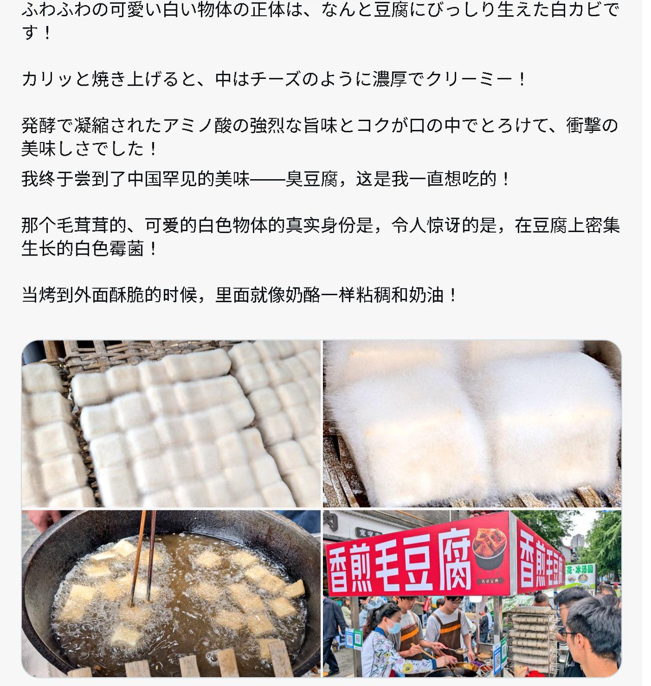 被樱花妹吃上好东西了。　　我都没吃过这个，以前觉得这是发霉的豆腐，不敢吃，不过