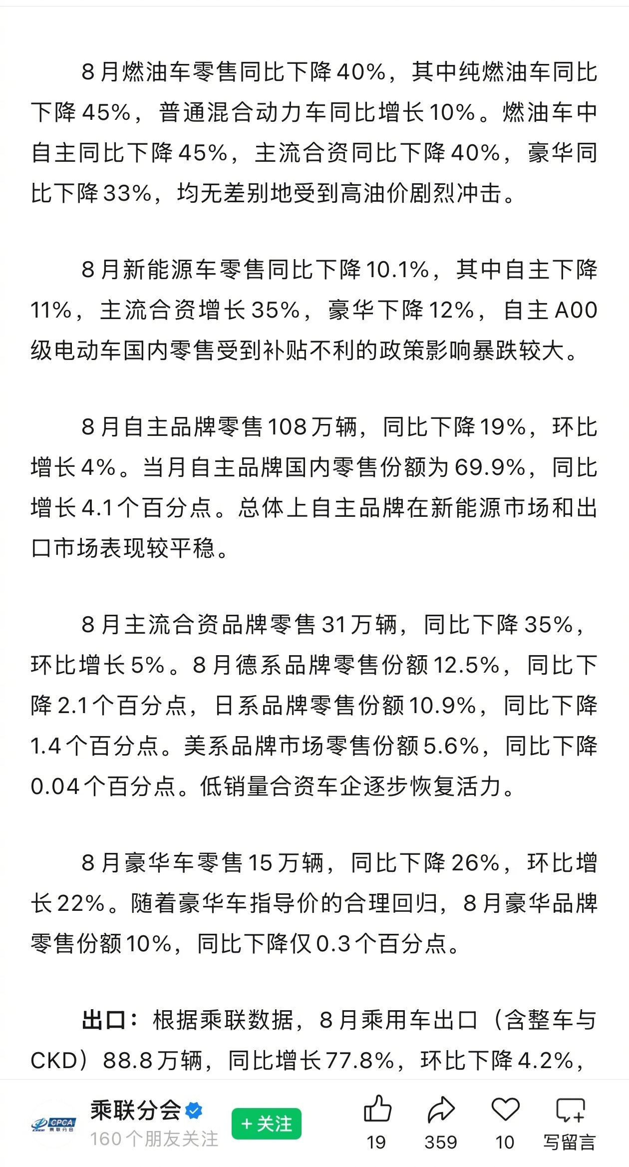 8月燃油车零售同比下降40%合资燃油下降最多，自主新能源也在下降……到目前来看，