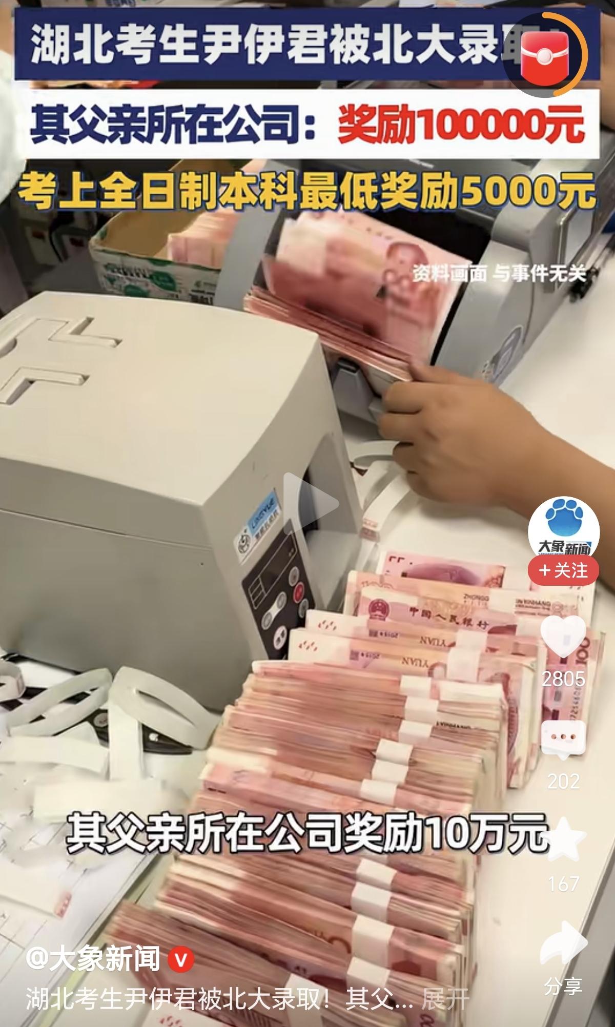 现在的环境投资什么都不如投资小孩子！小孩子考上北大，父亲所在公司奖励10万元！