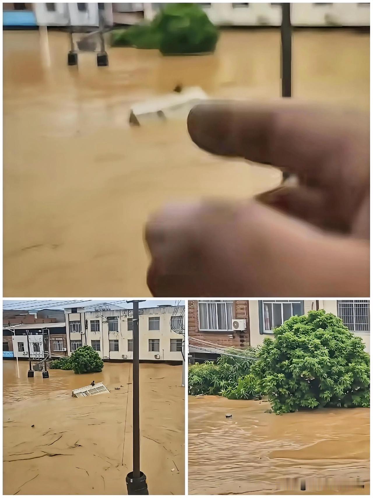 看着都痛心。厢车在洪水里侧漂，司机从车窗爬到在水里只露出一条边的车顶，在水里时高