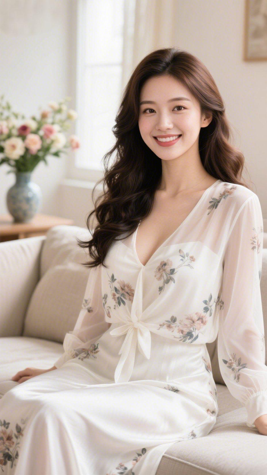 花裙里的春日暖浅米色裙身缀着细碎花影，像把窗畔春枝的气息织进了衣料。纱袖轻