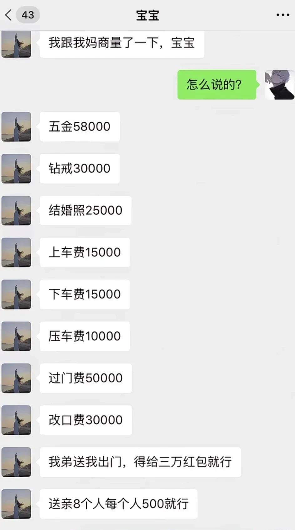 女友跟她妈商量了一下，说我们也不多要，要这么点就好了。我说，渣男一碗麻辣烫