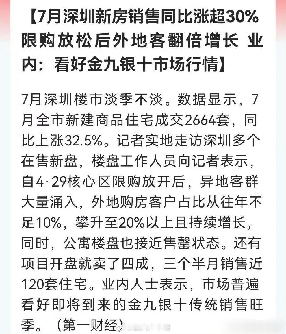 盘后房地产消息继续火爆！金九银十要提前“抢跑”？深圳新房成交飙升公寓售罄、开盘去