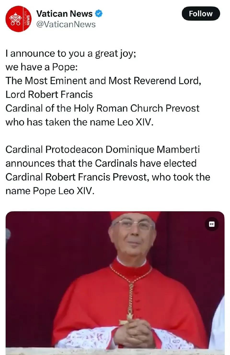 教皇终于选出来了，第一个美国人，出生于芝加哥，69岁。据说他是前教皇的追随者，仍