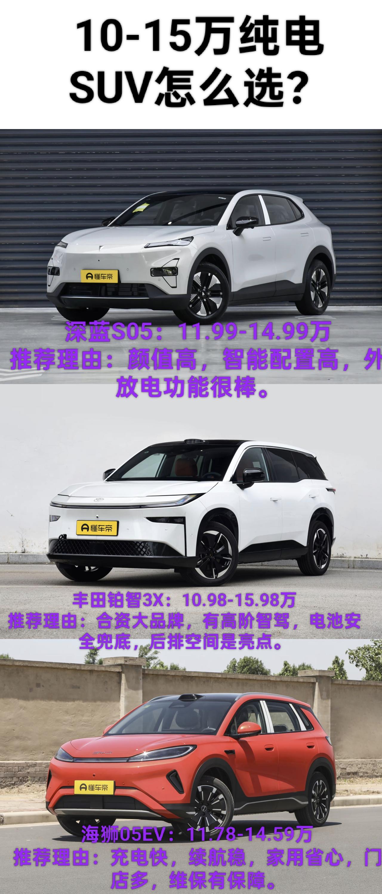 10-15万选纯电SUV可选择的车型可太多了，我挑了三台比较热门的车型，不管是家