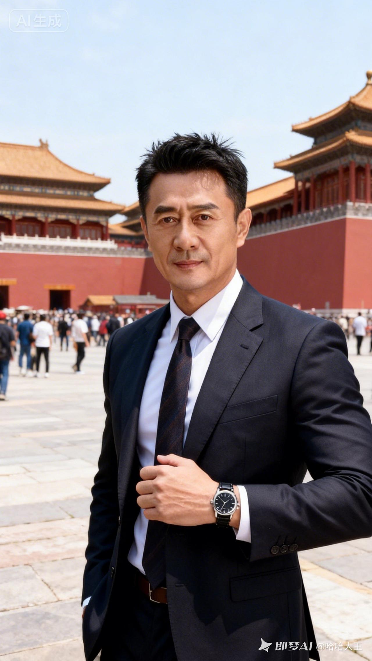 在故宫前，一身黑色西装，尽显优雅与自信。