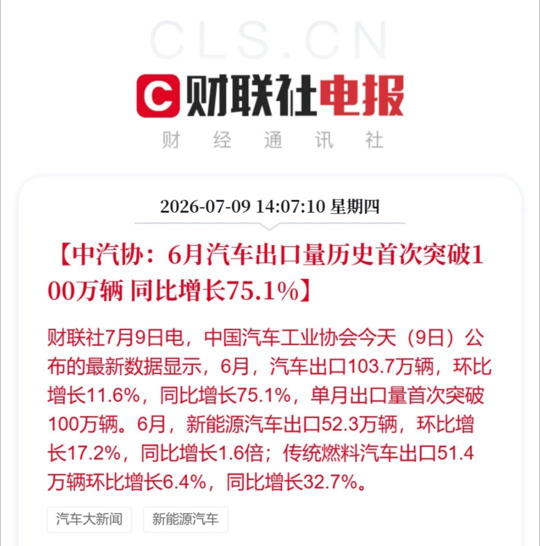 我国汽车单月出口量首次突破百万辆2026年6月，我国汽车单月出口量首次突破100
