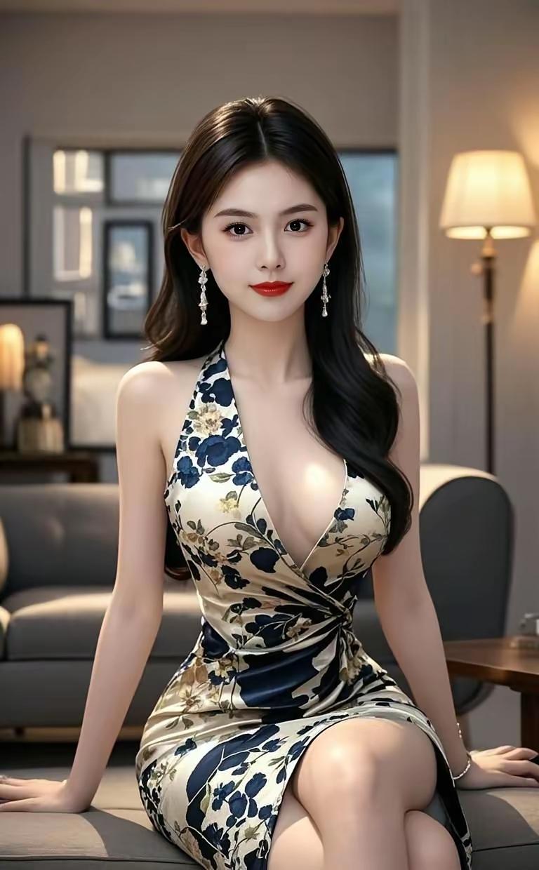 优雅气质，花裙飘逸，红唇迷人，尽显女性魅力。