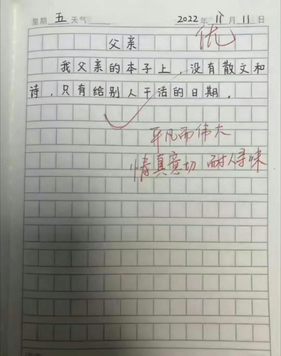 [赞][祈祷][捂脸哭]推荐一篇小学生的作文《父亲》。这篇作文仅仅23个字，乃贫民