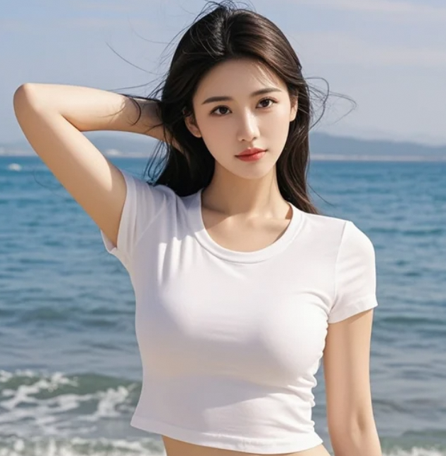 海浪轻拍沙滩，她的气质温柔又坚定