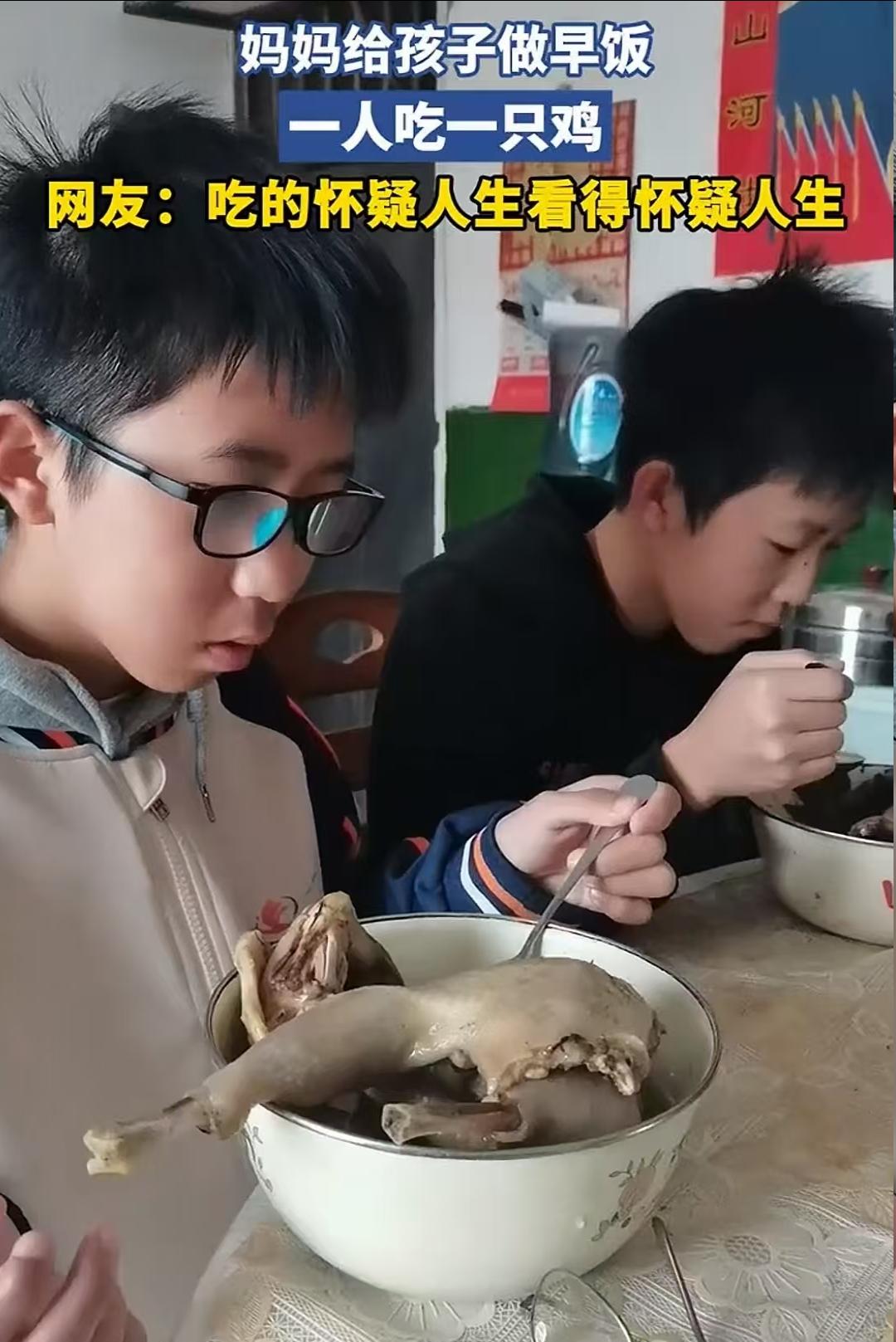 小哥俩起床看到早餐，把俩人一下子干蒙圈了！餐桌上两个大汤盆里面，分别放着一只炖好