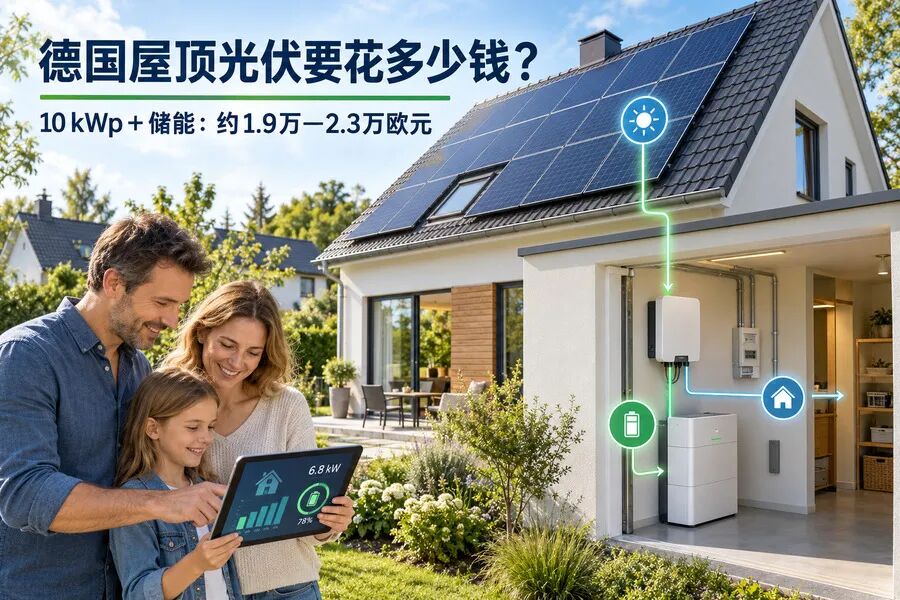 德国屋顶光伏加储能10 kWp约1.9万至2.3万欧元, 多久回本
