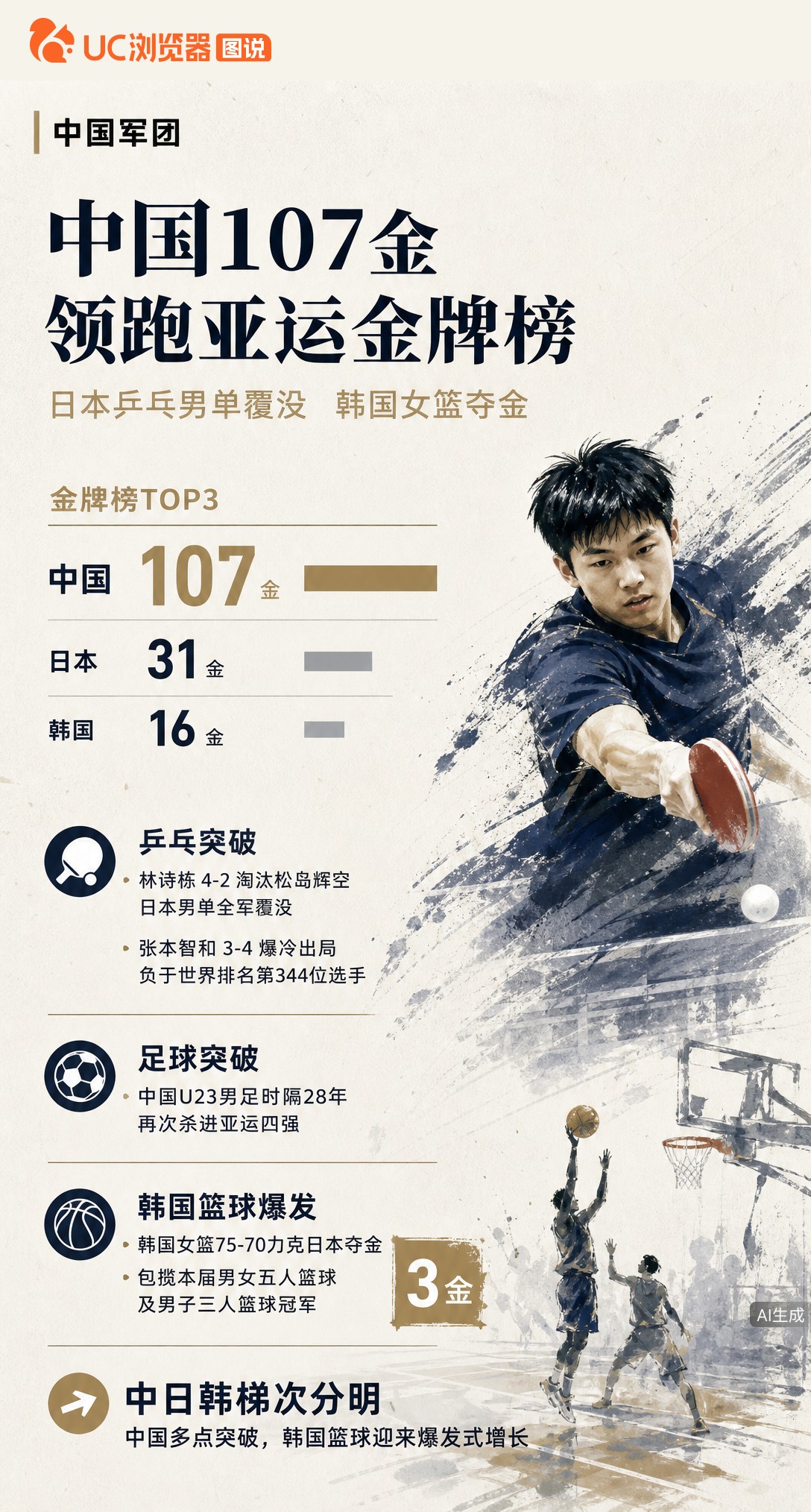 107金稳居榜首！林诗栋4-2淘汰松岛辉空致日本男单全军覆没，U23男足时隔28年重返四强。中日韩金