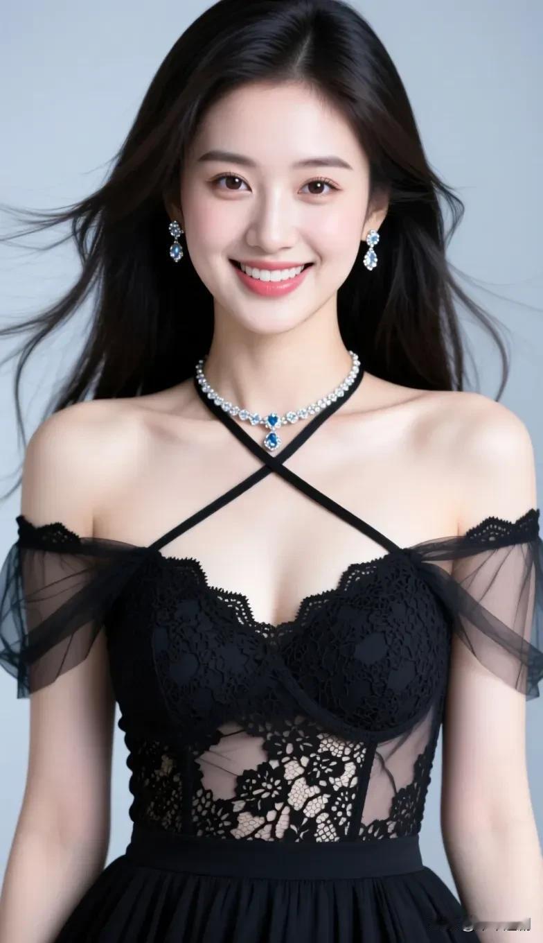 精致蕾丝与薄纱交织，蓝宝石配饰熠熠生辉，爽朗笑容打破黑色的沉静，优雅又耀眼。美