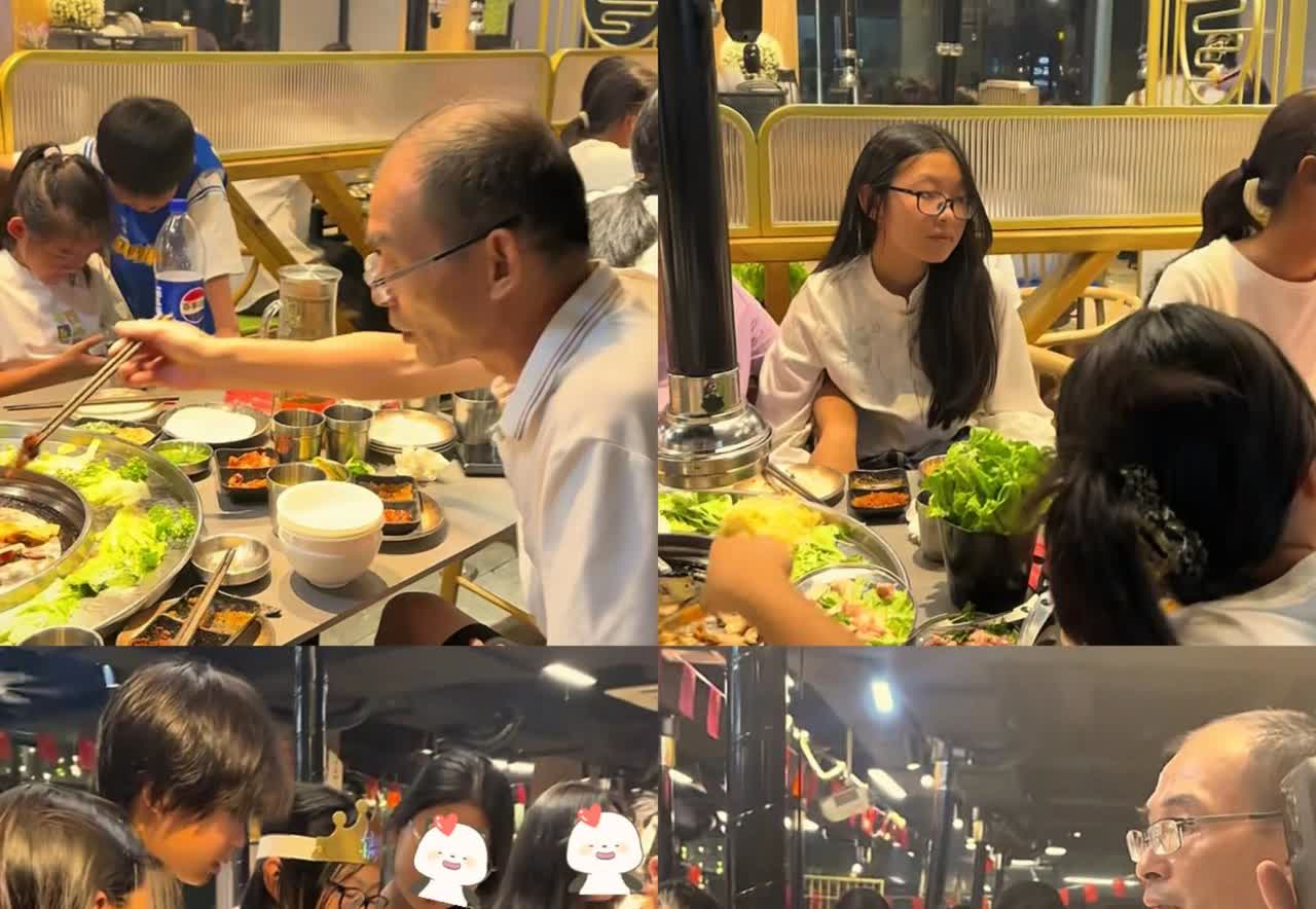 谢岳给二女儿过生日没带郑琴！谢丹14岁生日，谢岳携小女儿，以及他们的同学一起吃烤