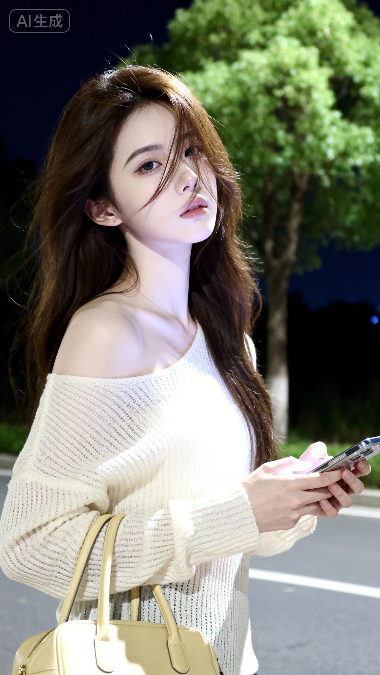 夜晚的街灯下，温柔少女低头看手机，金色的包包点缀着她的优雅。夜景气质少女绿裙侧