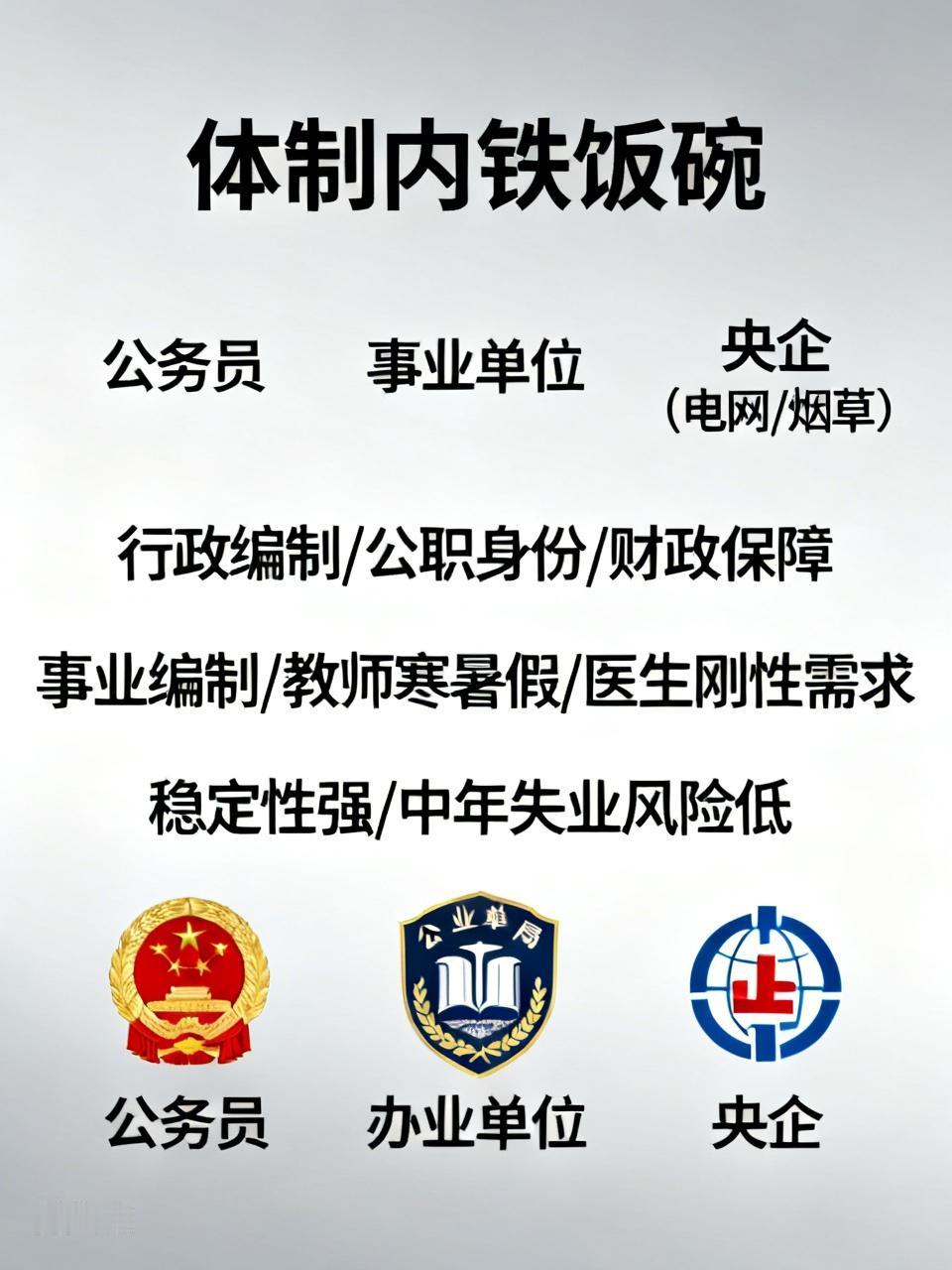 体制内非常稳定的三个铁饭碗首先，公务员获得行政编制，公职身份，财政全额保障，稳